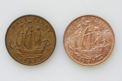 Polished and unpolished coins side by side